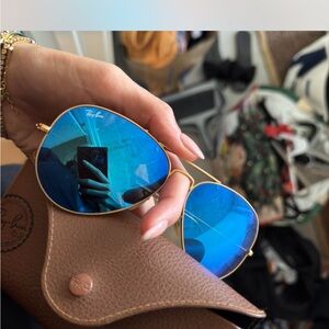 Ray-Ban Women’s Gold Frame Sunglasses with Blue Mirrored Lenses